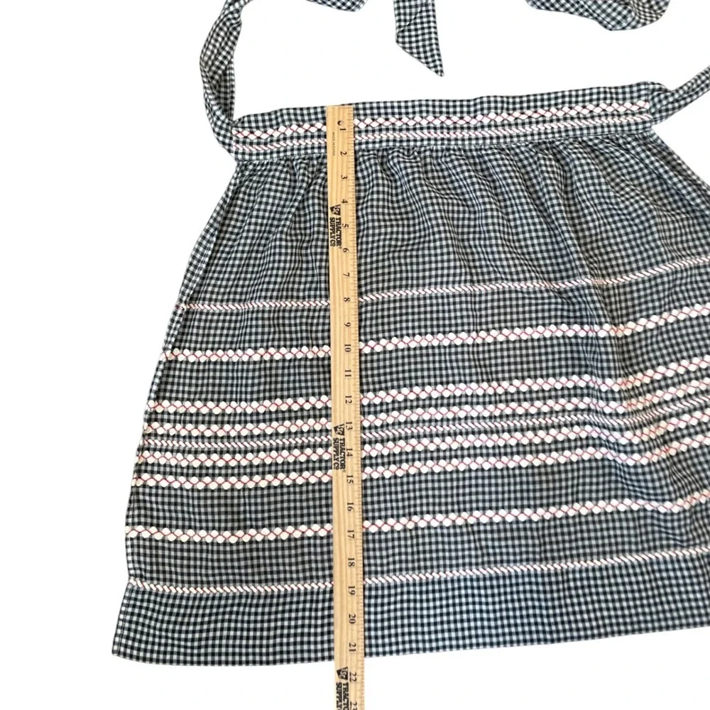 Vintage Handmade Black White Gingham Smocked Half Apron Red Trim Retro 50s Style